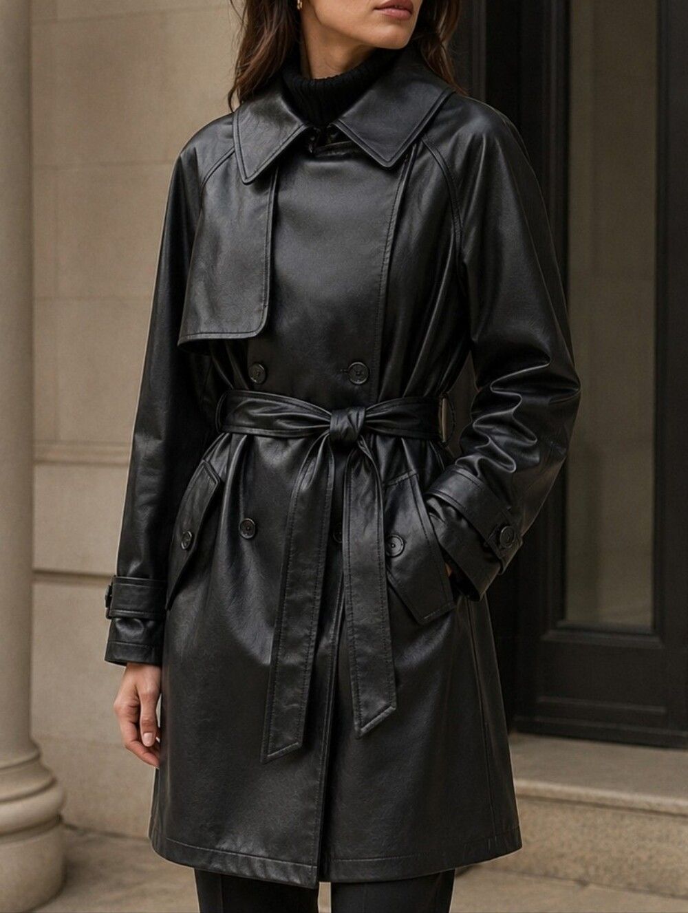 Avec Les Filles Black Faux Leather Belted Trench Coat M Dark Academia Chic Style